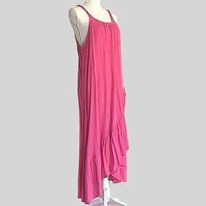 Hot Pink Boho Long Midi Dress Ruffles Silver Metallic Thread Detail XLG